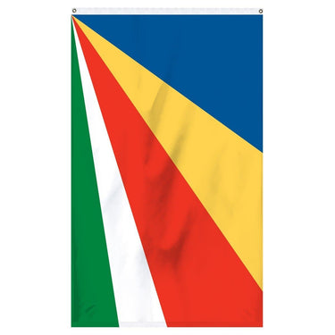 Seychelles National Flag for sale to buy online from Atlantic Flag and Pole. Beautiful colorful flag with blue, yellow, red, white, and green.